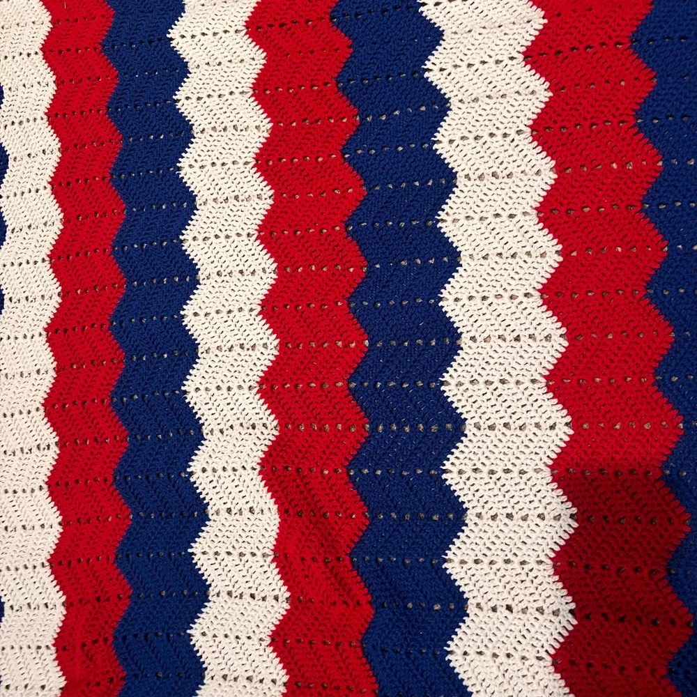 VTG Handmade Crochet Ripple Throw Blanket Chevron Afghan Patriotic Americana